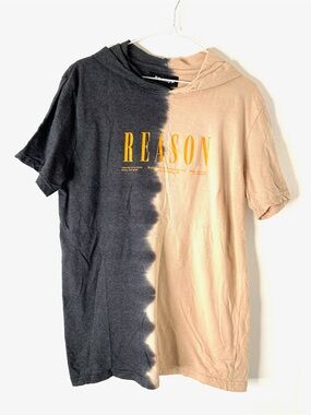 Reason Two Tone Peach Grey Split Hoodie Tee Short Sleeve Hooded Graphic Top Y2K
